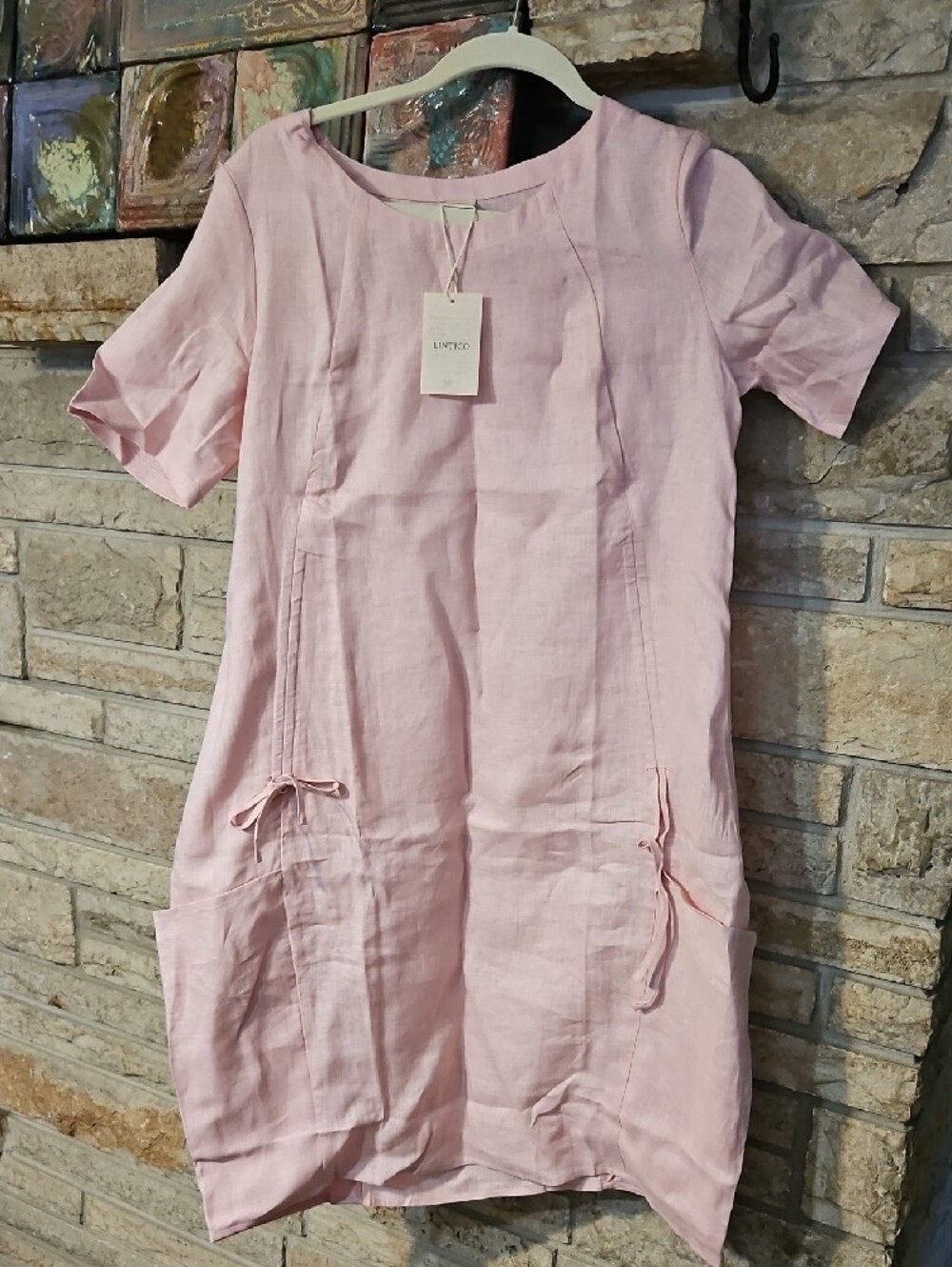 Relaxed Pink Scoop-Neck Linen Pocket Dress - Picture 2 of 7